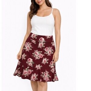 Burgundy Floral Ruffle‎ Hem Skirt Stretch Pull On Romantic Boho Small